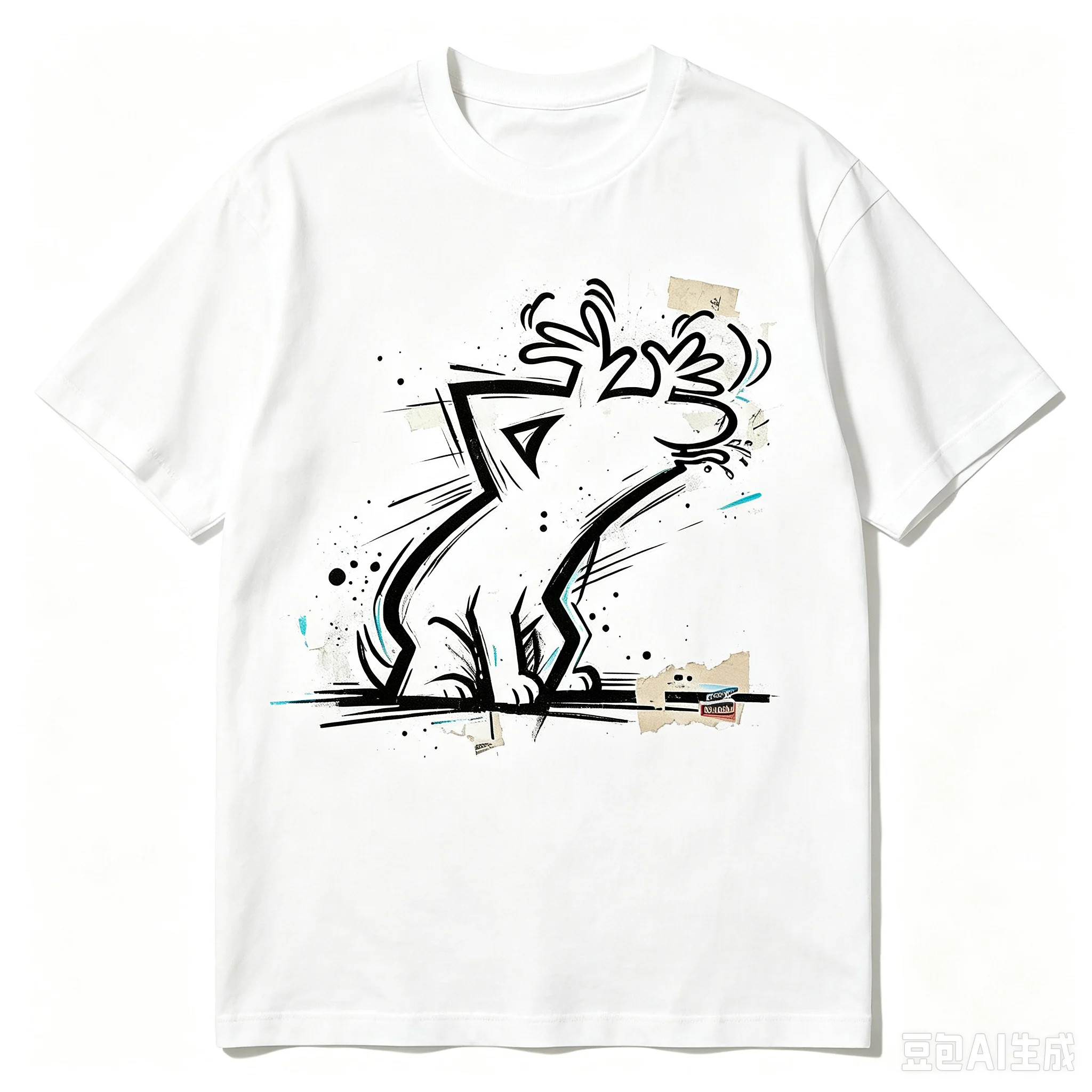Cool Graffiti Dog Art Graphic Tee Men Vintage Torn Paper Style Print Crew Neck Street Short Sleeve Shirt