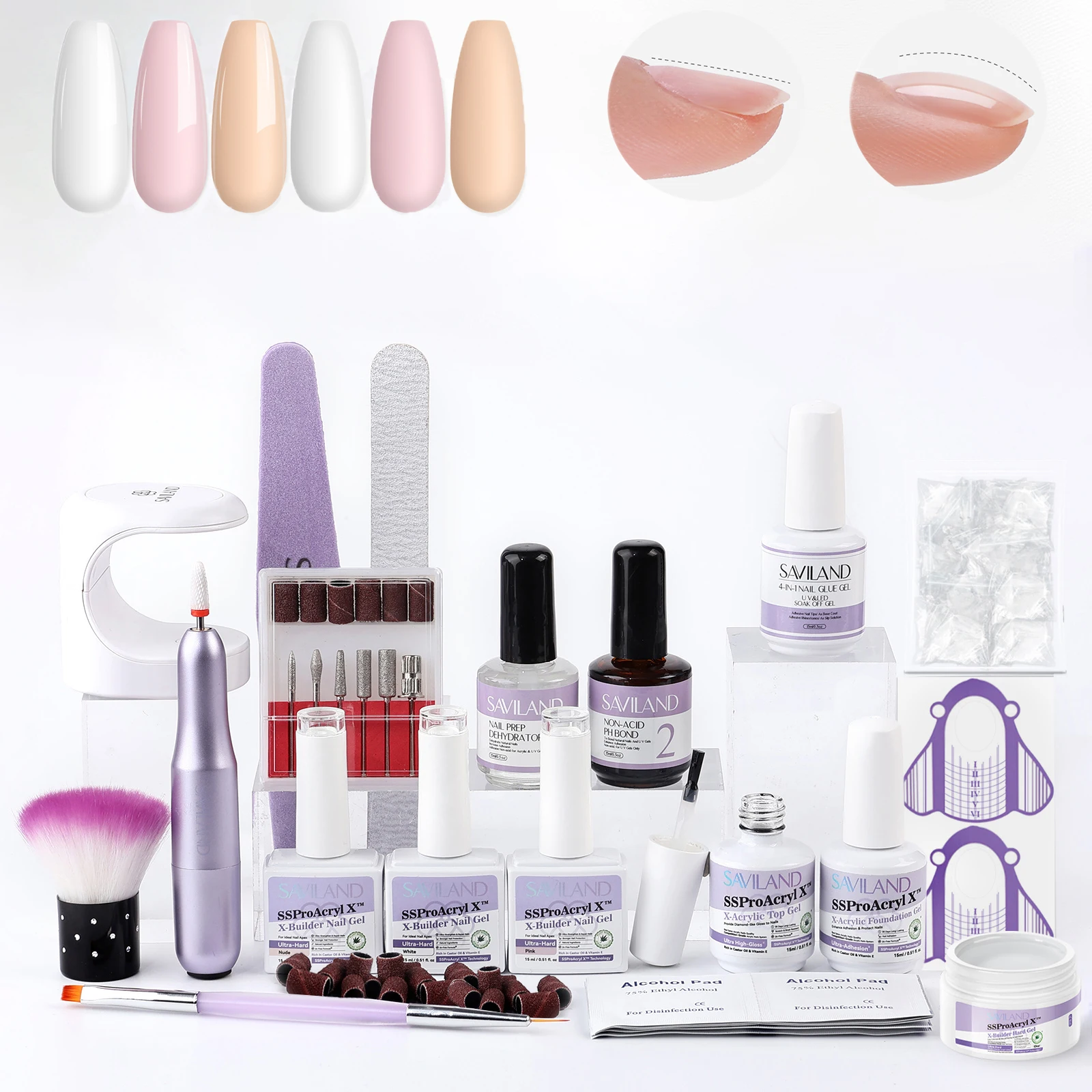 SAVILAND Builder Gel Kit with Nail Drill Clear Pink Nude White VE Castor Oil Ultra Hard Gel UV Set for Nail Strengthening