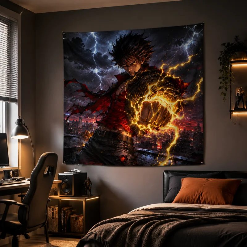 VIKAMA Tapisserie Anime Jeunesse « Thunderbolt Fist » – Personnage Anime « Hot Blood » avec Capacité Électrique et Vélocité du Vent – Décoration de Salon