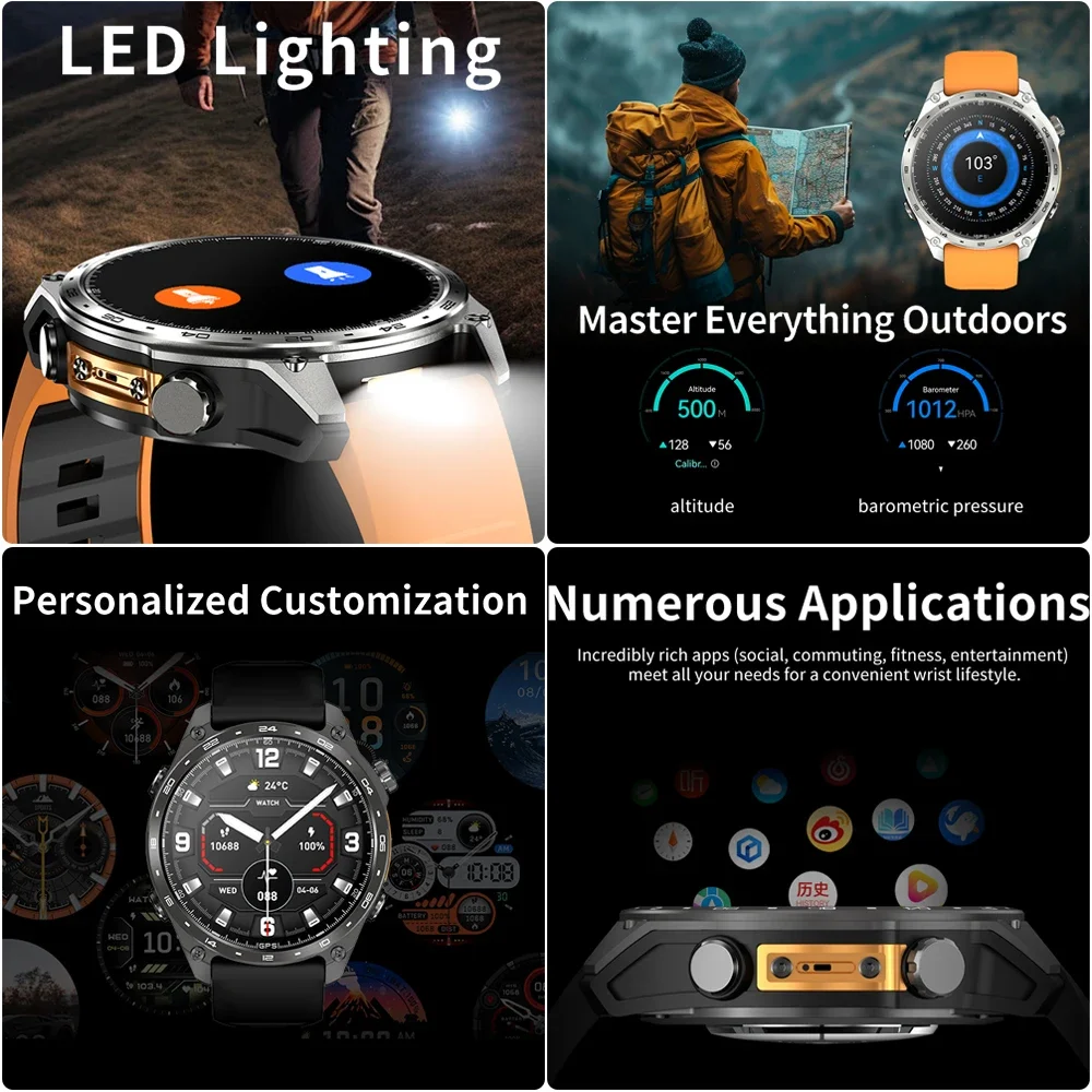 2025 جديد رجل عسكري Smartwatch المدمج في نظام تحديد المواقع بلوتوث دعوة مقياس الارتفاع الجوي 3ATM مقاوم للماء الساعات الرياضية ساعة ذكية الرجال