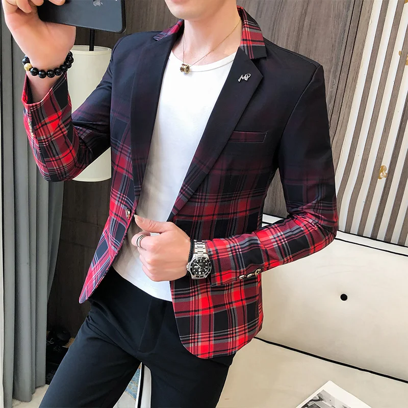 

Ombre Check Blazer Men 2024 New Spring Fall Colorblock Slim Fit Suit Jacket Mens Wedding Business Clothing Dress Coats Man