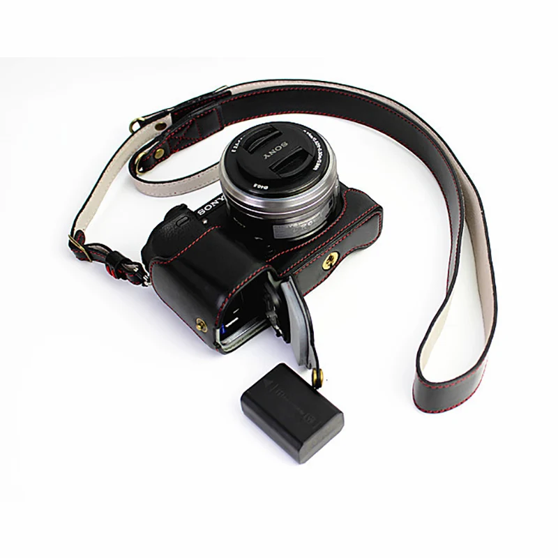 PU leather case Camera Bag Cover Pouch for Sony A6400 A6300 A6100 A6000 with 16-50mm half bottom cover With Battery Opening