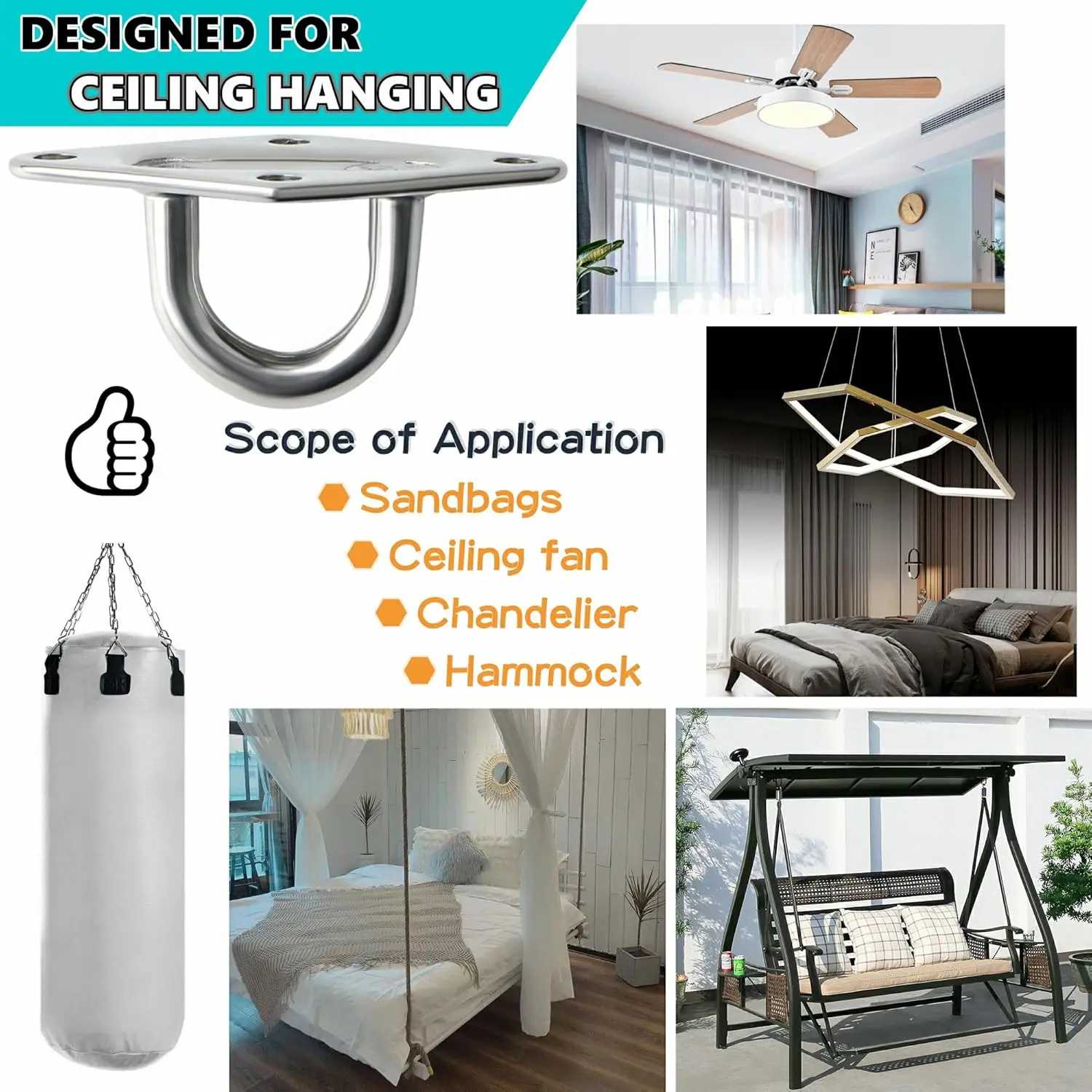 Ganchos de ventilador de acero inoxidable, ganchos de lámpara en forma de U, Base de ventilador de techo para colgar, ganchos de techo, ganchos para aplicaciones marinas, 1 ud.