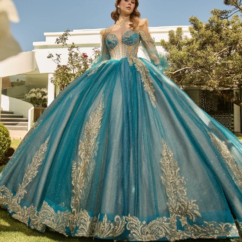 

Shiny Peacock Blue Quinceanera Dresses off-shoulder Golden Glitter Crystal Decal Long tail Vestido De 15 Quinceanera Customize