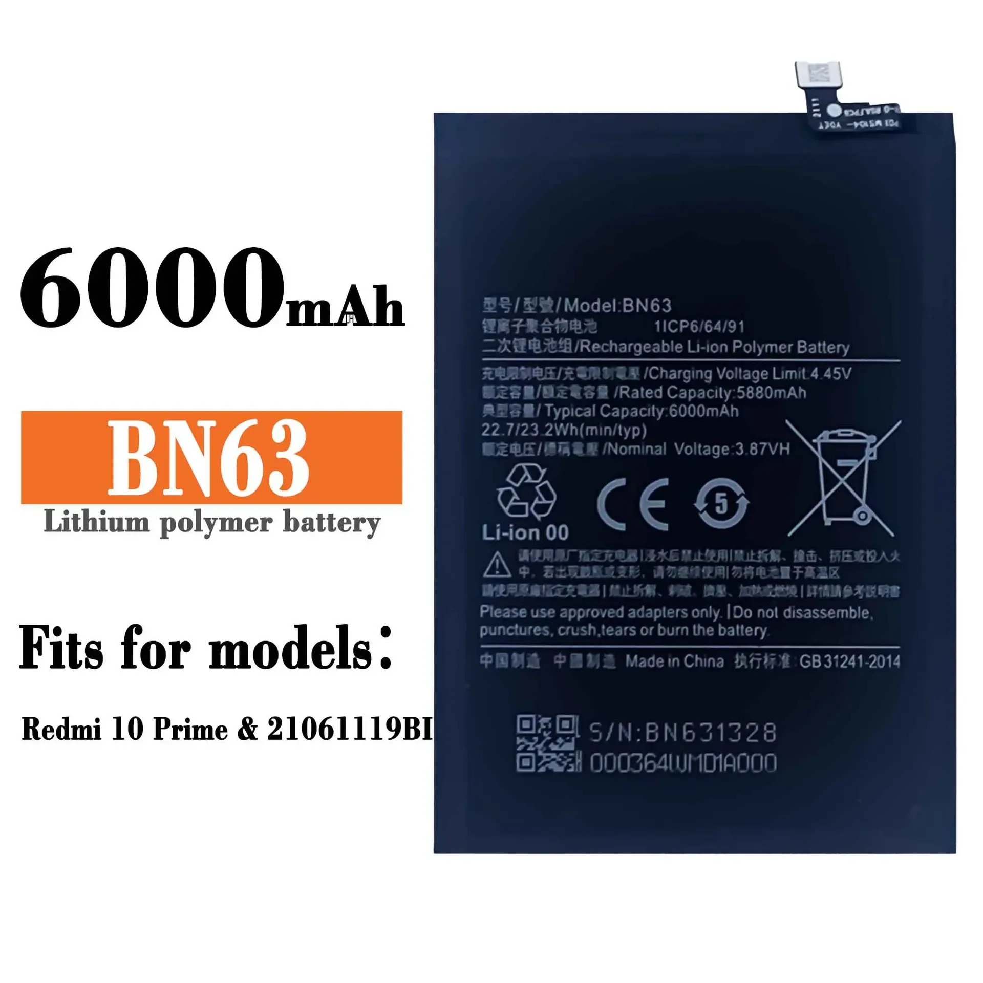 

BN63 High Quality Replacement Battery For Xiaomi MIUI RedMi 10 PRIME 6000mAh Large Capacity Built-in Lithium Bateria