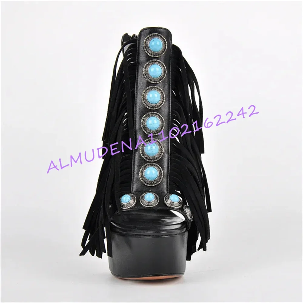 Women Western Turquoise Decor Fringe Platform Ankle Sandals Open Toe Cutout Stiletto High Heel Back Zipper Cowboy Dress Footwear view 4