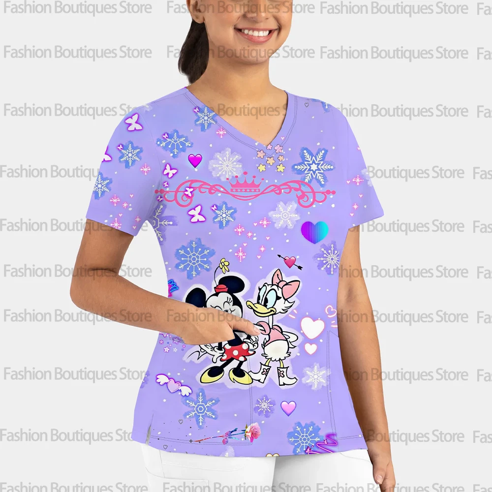 여성용 세련된 의료 작업복, 크리스마스 스타일, 디즈니 미키 마우스 프린트, 여름 캐주얼 브이넥 반팔 수술복