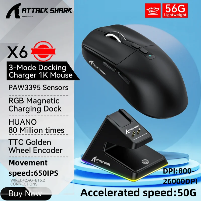 

Attack Shark X6 Superlight Wireless Gaming Mouse With Magnetic Rgb Charging Base,paw3395 Sensor 26000dpi, Bt/2.4g Wireless/wired