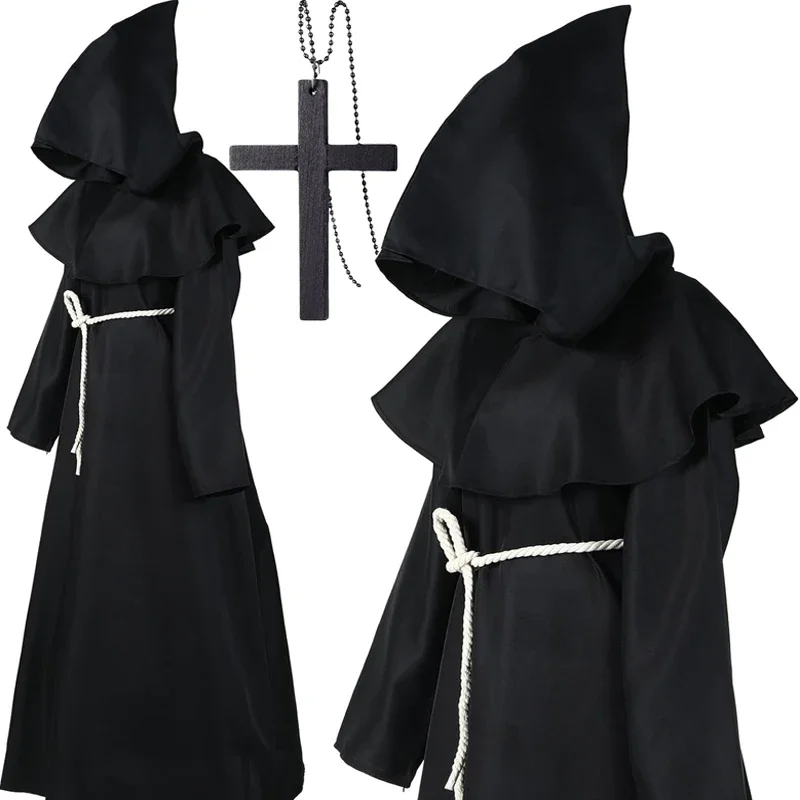 Friar Medieval Monk Long Cloak Priest Knight Robe Cross Necklace Belt Tattoo Halloween Adult Teens Costume Cape Party Props