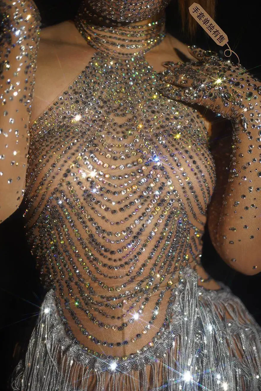 Vestido de borla de diamantes de imitación brillantes para mujer, malla elástica Sexy, perspectiva de red, vestido de cristal, disfraces de escenario de cantante, vestido de baile latino