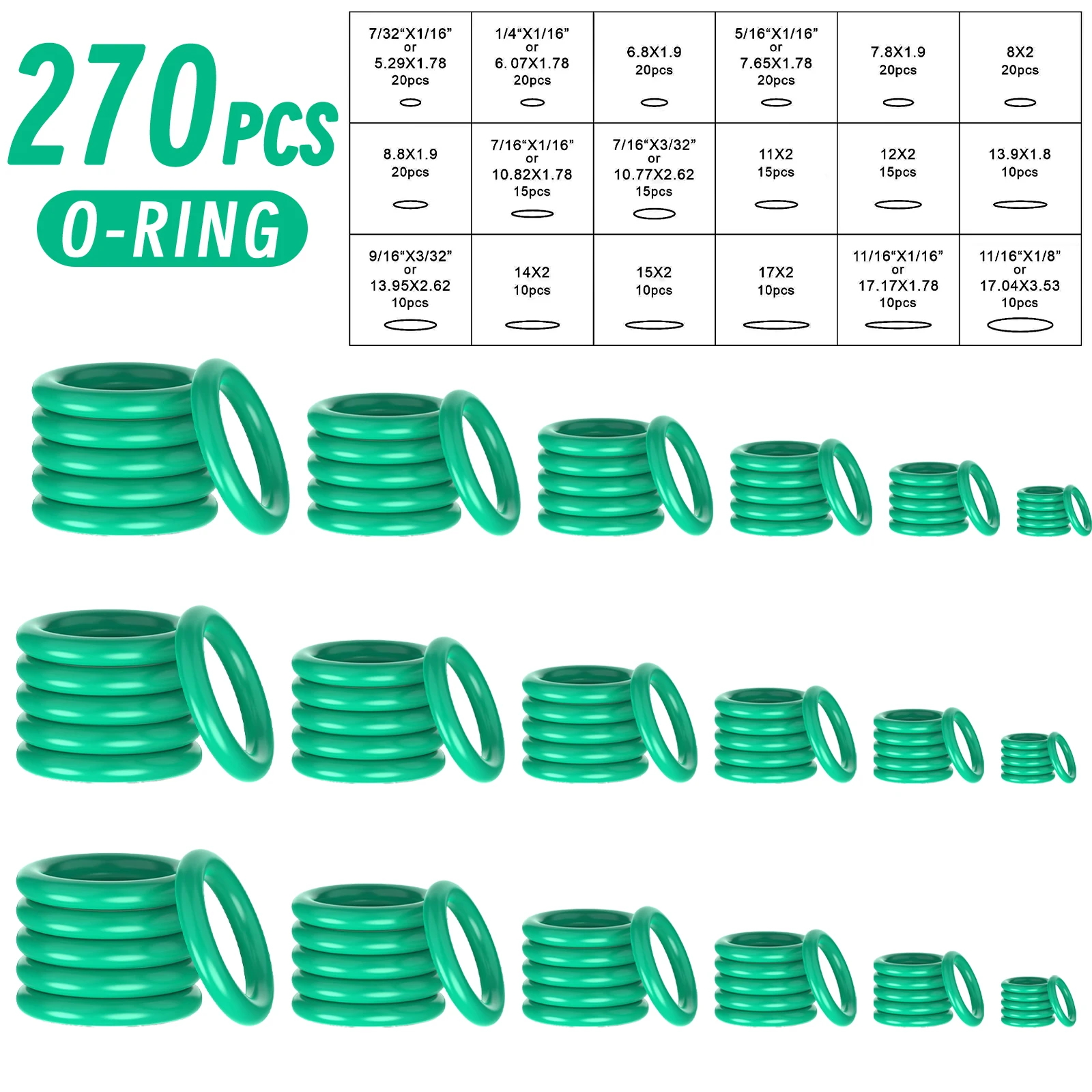 270/225 pieces of green O-ring 18 grid rubber seal repair kit, suitable for automotive air conditioning, durable high-pressure s
