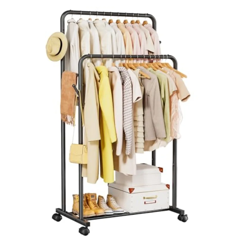 

Clothes Rack Double Rods Clothing Rack for Hanging Clothes Metal Garment Rack with Rolling Wheels Portable Wardrobe Closet Rack