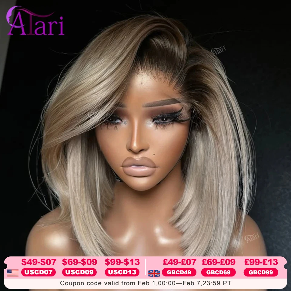 Ash Blonde with Brown Roots Short Bob Wig Transparent 13x4 Full Lace Frontal Human Hair Straight Bob Wig Pre Plucked for Women