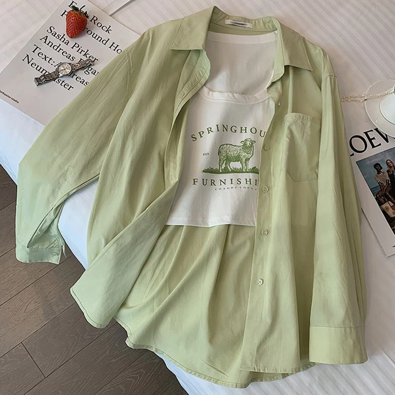 Gidyq Green Casual Long Sleeve Shirt Women Korean Fashion Loose Y2K Cardigan Top Summer Solid All Match Sweet Shirt New