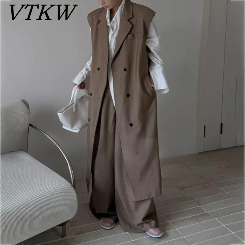 

VTKW Women's Spring 2025 Beige Double-Breasted Long Vest & Wide-Leg Pants Set Oversized Blazer Vest Two Piece Outfits