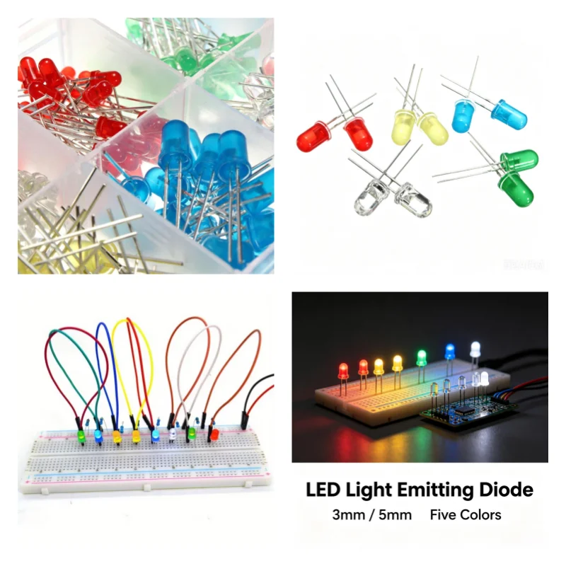 200Pcs/Lot 3mm & 5mm Round Head LED Light Emitting Diode Assortment Kit, Mixed Red Green Yellow Blue White, 20Pcs Each