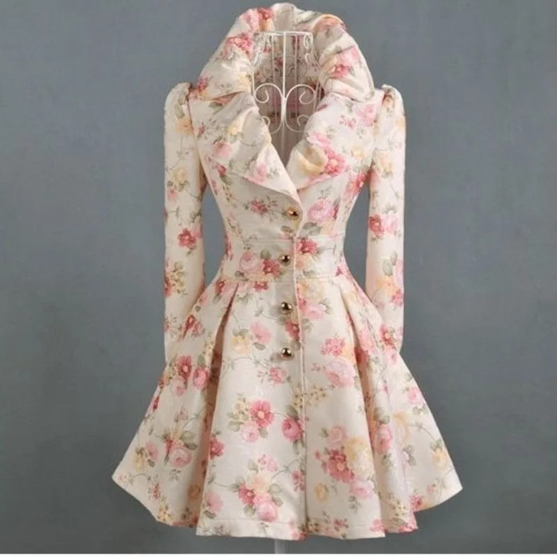 

Spring Autumn Women Trench New Flower Coat Medium and Long Windbreaker with Large Collar Women's Clothing