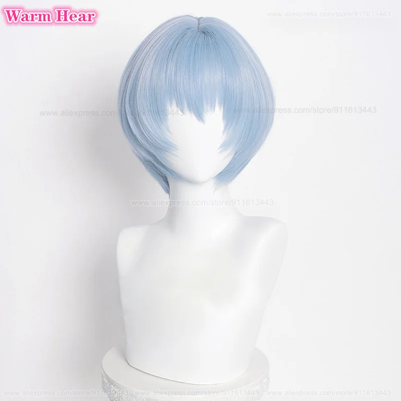 Anime EVA sintetis Ayanami Rei Wig Cosplay biru muda pendek dengan hiasan kepala Wig pesta rambut tahan panas + topi Wig