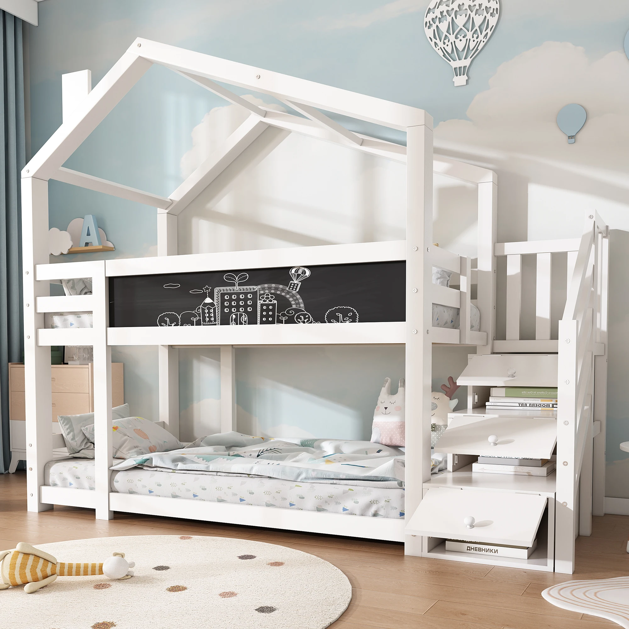 Children bed tree house 90x200 cm, bunk bed for children with chimney & storage and crash protection, white,