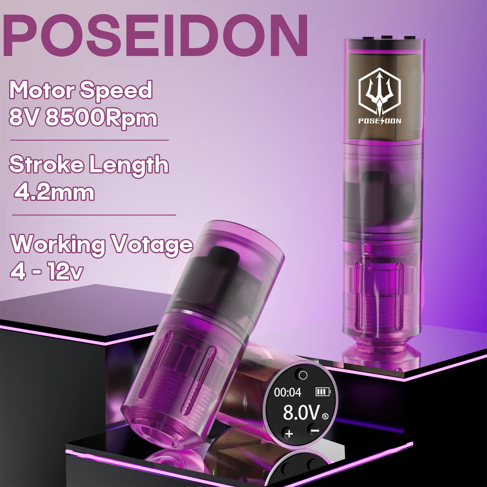 Tattoo Kit POSEIDON High Power Tattoo Pen Kit For Permanent Makeup Tattoo Machine Kit Hot Purple Tattoo Power Supply Tattoo Gun