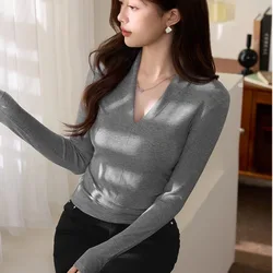 #0477 Black Gray Short T Shirt Women Deep V-neck Sexy Korean Style Long Sleeve T Shirt Skinny Basic Short Tshirt Female Spring