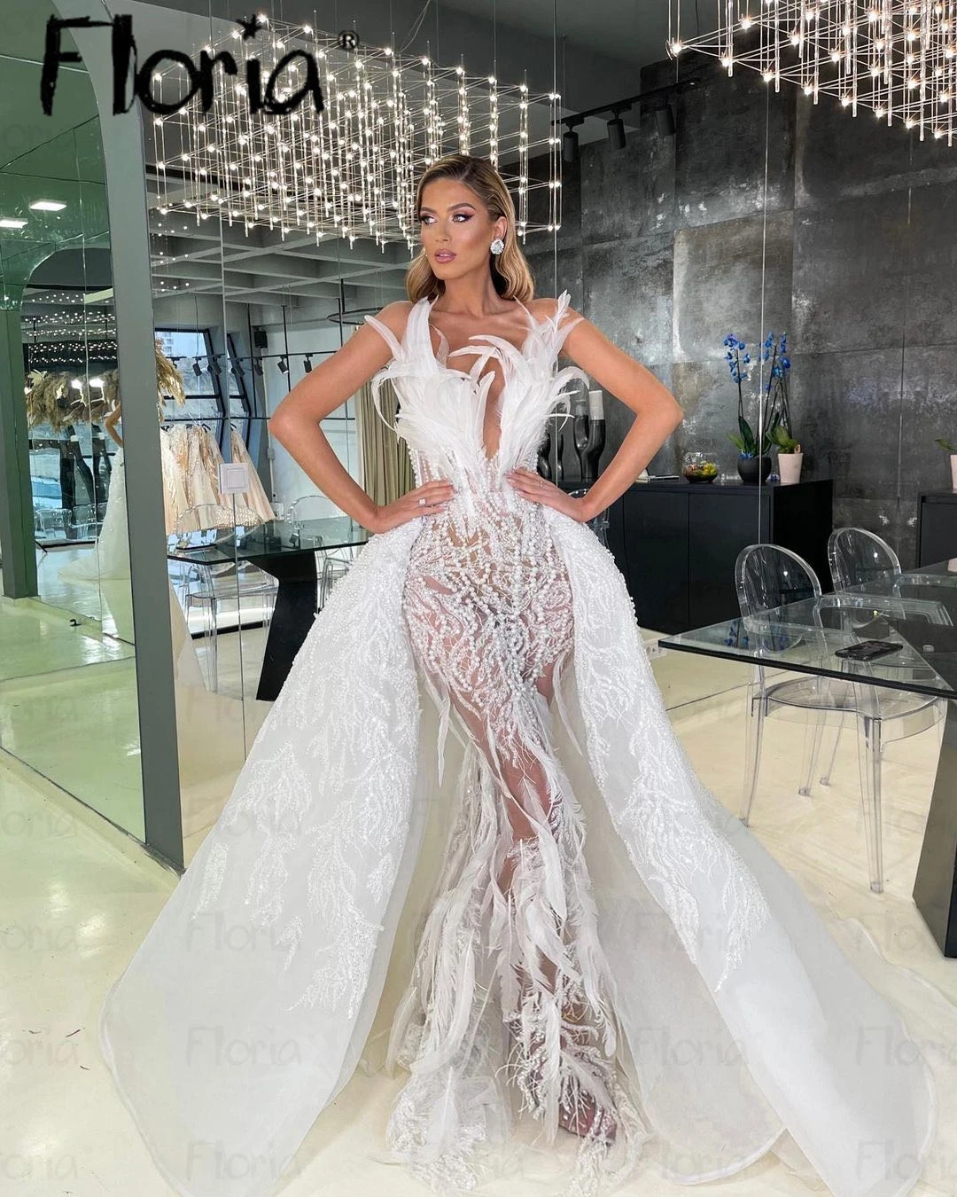 Floria-vestidos de novia de sirena de plumas de marfil para mujer, vestidos de novia de lujo, tren desmontable, vestidos formales de graduación para boda, 2024