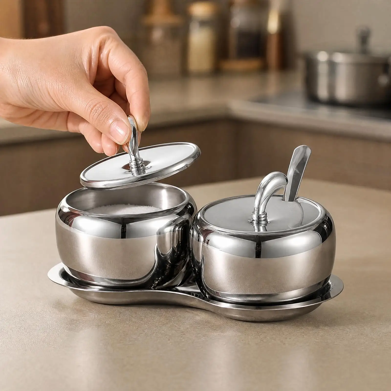 Stainless Steel Kitchen Condiment Holder Fabric Pot with Glass Insert and Spoon for Spice Storage and Serving