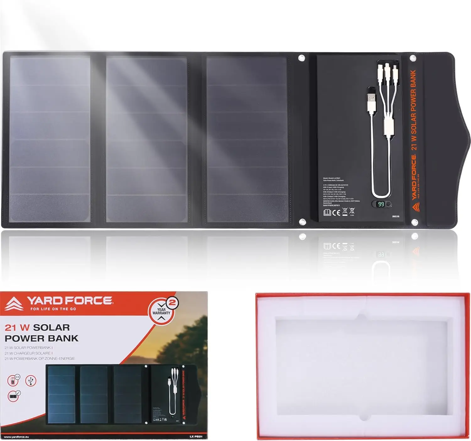 [2023 Red Dot Winner] YARD FORCE 21W & 13000MAH Solar Charger with Battery, Portale Solar Power Bank Built-in 3 in 1 Charging