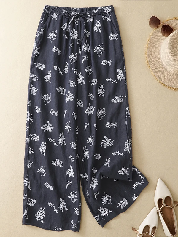 

Retro Print Loose Wide Leg Pants Women's plus Size Fashion Artistic Thin Loose Trousers Korean Brand High Waist Casual Pants