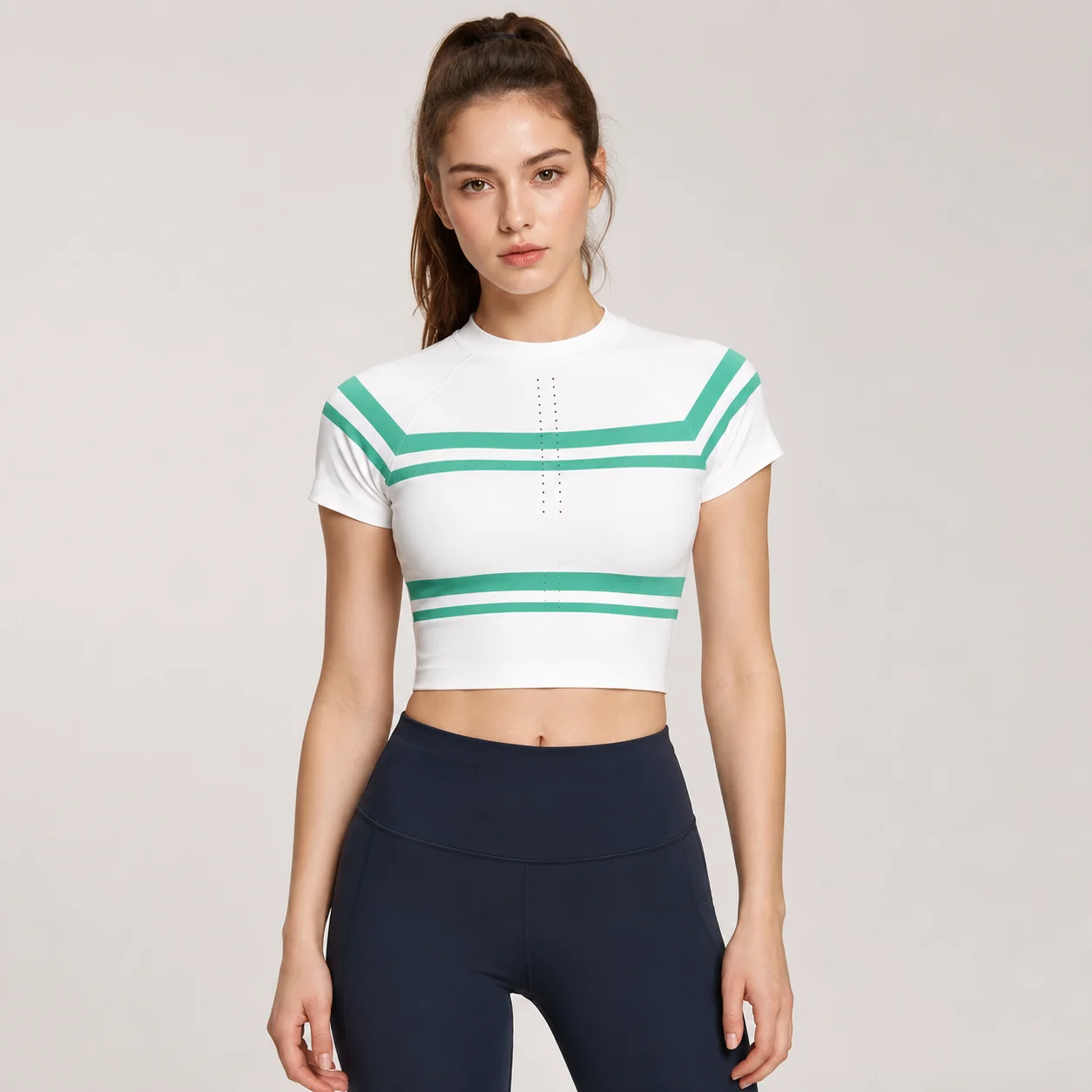EOENKKY Women Quick Dry Yoga Crop Top Breathable Short Sleeve Striped Slim Fit Workout Gym Sports T Shirt