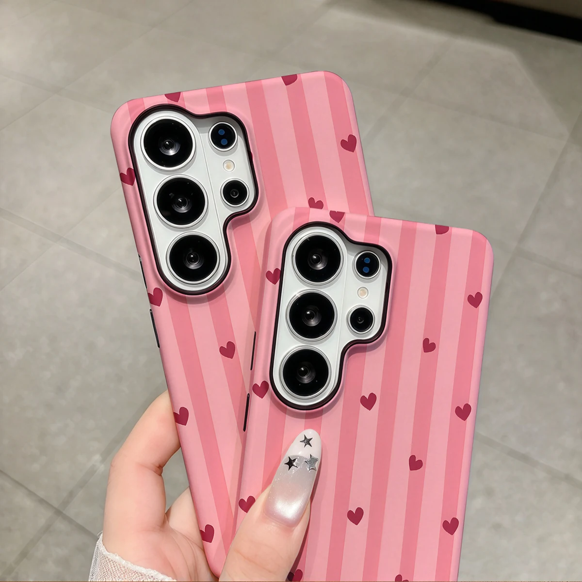 Pink Tonal Stripes Hearts Phone Case For Samsung Galaxy S26 S25 Ultra S24 S23 Plus Hard Shock‑Absorption 2-in-1Protective Cover