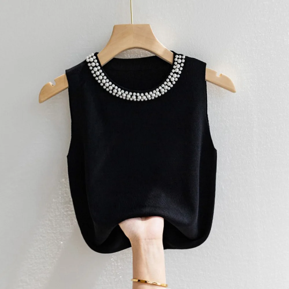 Summer Women Beaded Knitted Tank Top Sleeveless Elastic Slim Camisole White Base Layer Casual Daily Office Versatile Vest Shirt