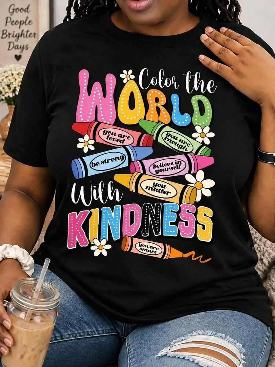 [100% Cotton]Color The World With Kindness Crayon Graphic Tees, Women Casual Round Neck Short Sleeve T Shirts, Cute Tops, Positive Quote Going Out