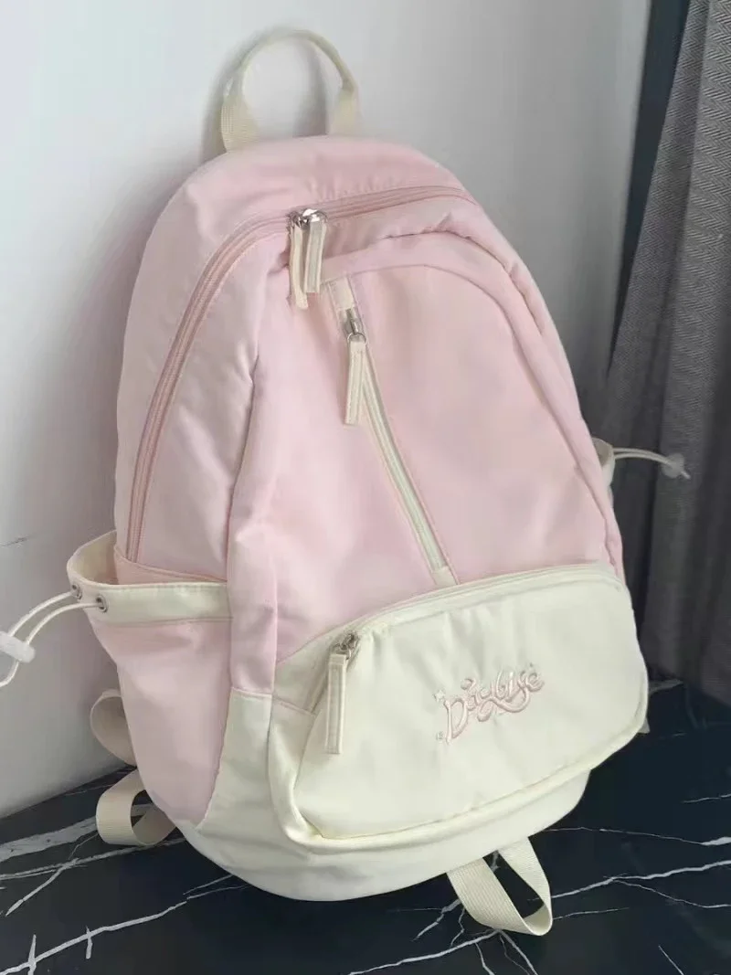 American College Style Sweet School Bag Contrast Color Middle And High School Students Backpack Soft Nylon Waterproof Large Size
