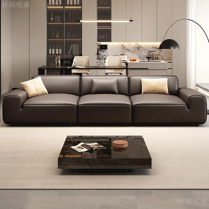 Italian Extremely Large Black Cow Couchsurfing First Layer Ecological Pine Bottom Frame Tofu Block Leather Sofa