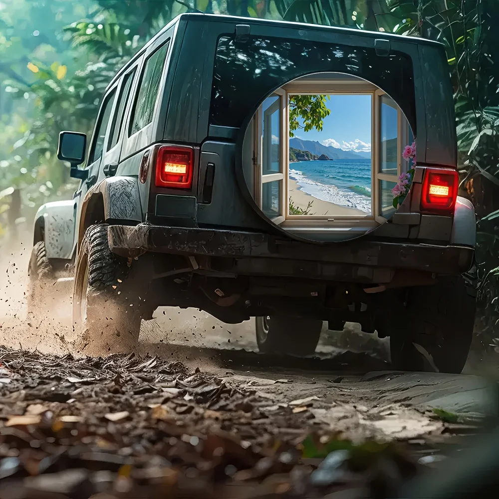 1pc 2D Flat Printing Universal Tire Cover Sea Pink Flowers (4) Polyester Without Electricity Car Decor Perfect For Construction