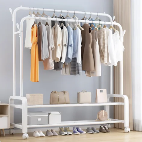 

Metal Clothes Rail Double Pole Coat Rack Freestanding Garment Rack Hanger With 4 Side Hooks and 2-Tier Lower Storage Shelf