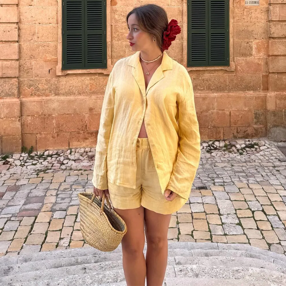 

PB&ZA2025lapel long-sleeved loose casual lazy style shirt + elastic waist shorts suit summer new women's clothing