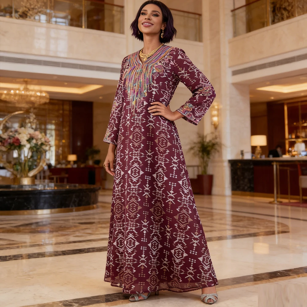 

Длинное платье с вышивкой для мусульманок на Рамадан, исламская джалабия, марокканский кафтан, турецкий халат, дубайская абайя, джеллаба, платье-туника на Ид