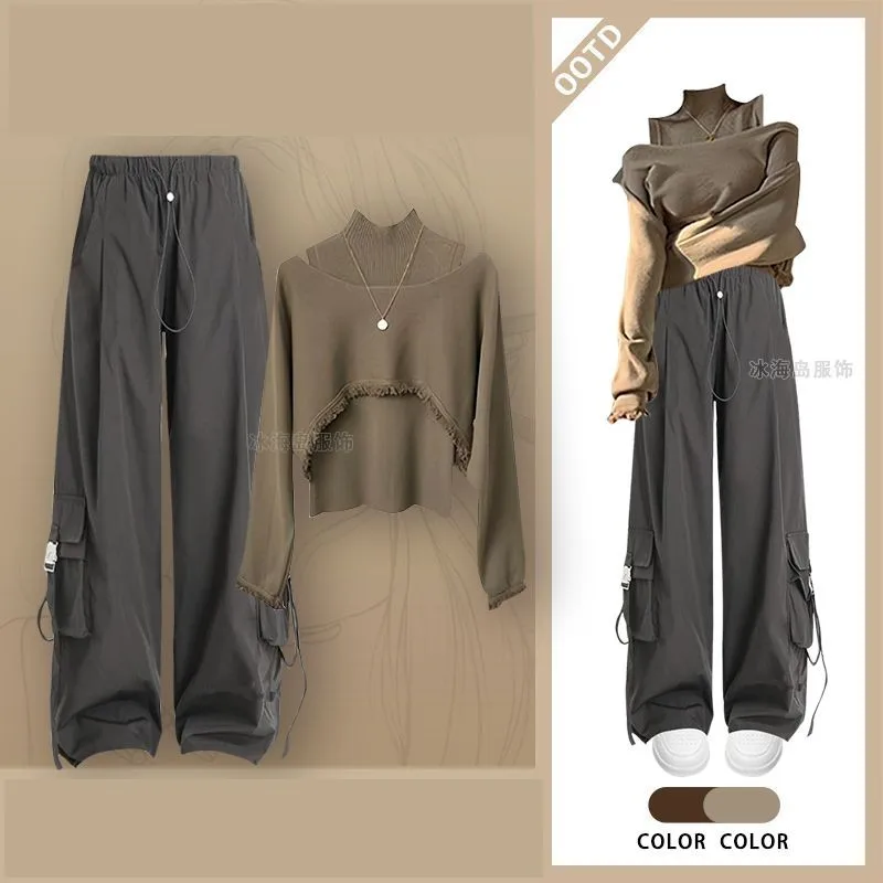 

2025 Women Spring Autumn New Fashion Tracksuit Matching Set Korean Elegant Thin Knit Hoodie+Vest+Loose Cargo Pants 3-Piece Suit