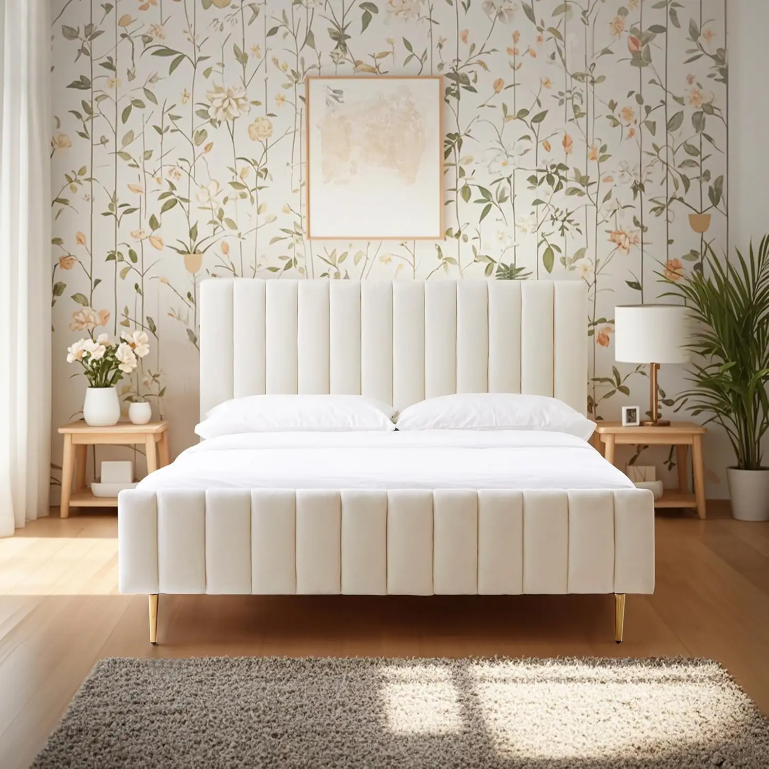 

Queen Size Elton Velvet Platform Bed, Upholstered Bed Frame with Vertical Channel Tufted Headboard Footboard, Strong Woo