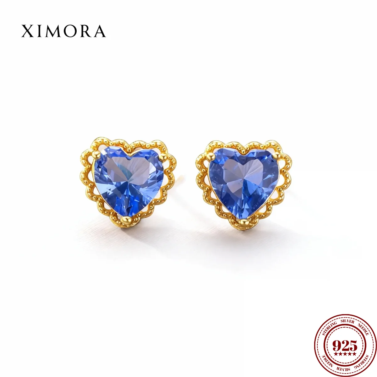 

XIMORA New S925 Sterling Silver Heart-Shaped Stud Earrings with Aquamarine Zirconia for Women - Simple and Exquisite Ear Jewelry