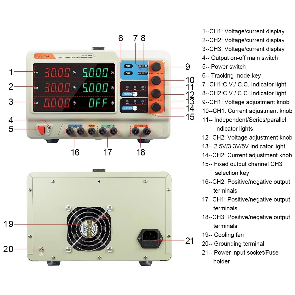 3303 3305 Multi-Channel DC Adjustable Direct Current Regulated Power Supply with & Over Voltage/Temperature Protection