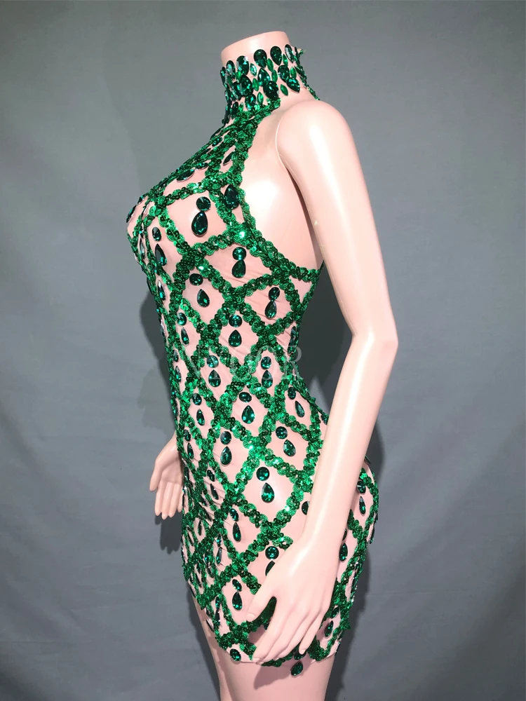 Shiny Green Rhinestone Sleeveless Short Women Dress Sexy Transparent Mesh Party Bar Club Photo Wear Stage Performance Costumes