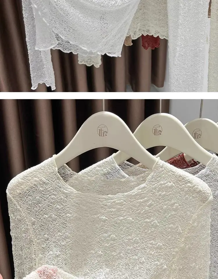 Damen-Oberteil mit Rundhalsausschnitt und Spitze, neues Herbst-/Winter-Modell, durchsichtiges Netzstoff-Langarmshirt, figurbetontes, elegantes und modisches Oberteil für den Innenbereich. – Detail 4