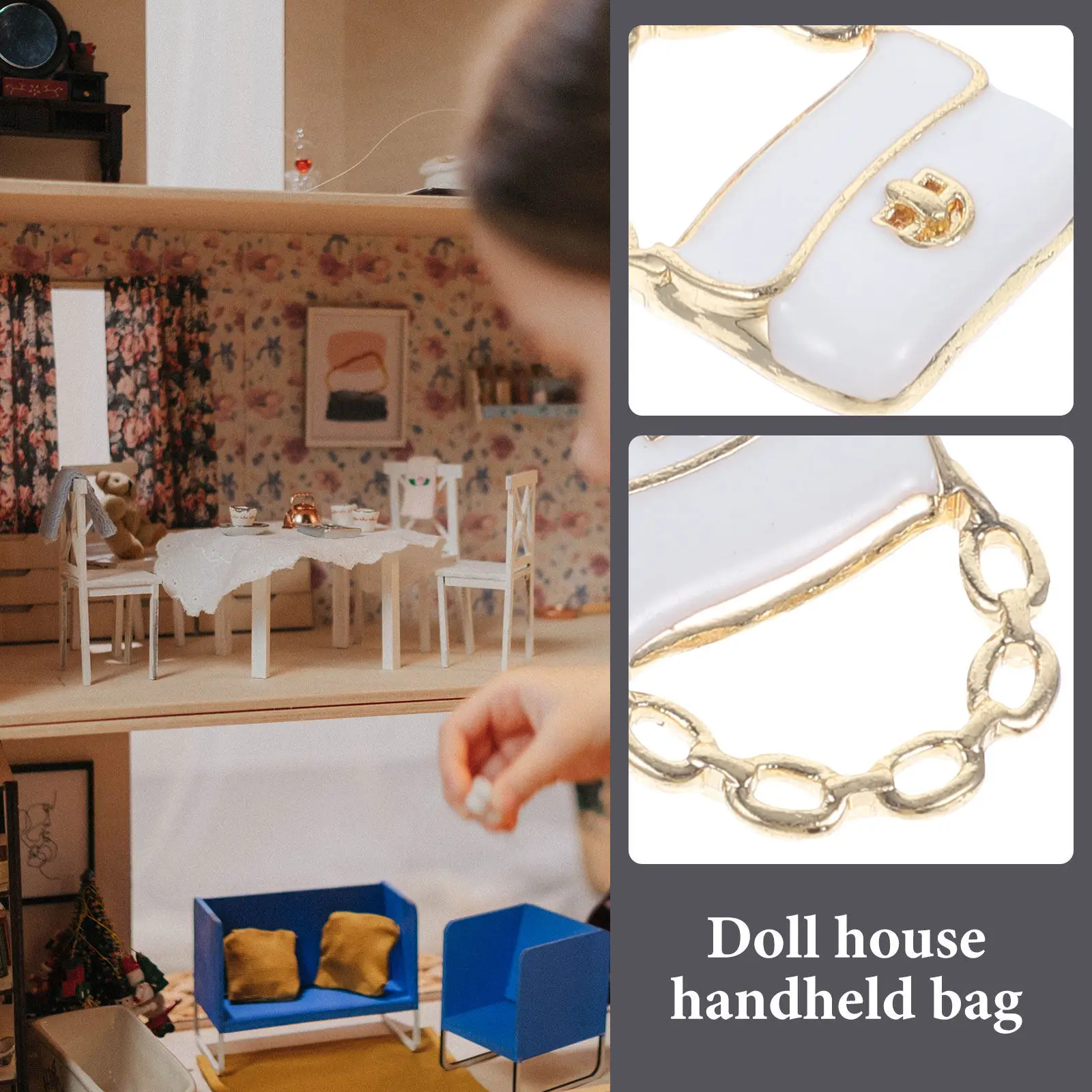 

3Pcs Mini House Decor Accessories Miniature Chain Bag Set Realistic Handheld Purse Ornaments for Dollhouse Decoration Bedroom