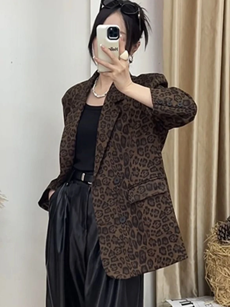 Jmprs Streetwear Vrouwen Luipaard Blazer Vintage Lange Mouw Slanke Y2K Pak Jas Amerikaanse Harajuku Casual Herfst Winter Retro Tops Nieuw