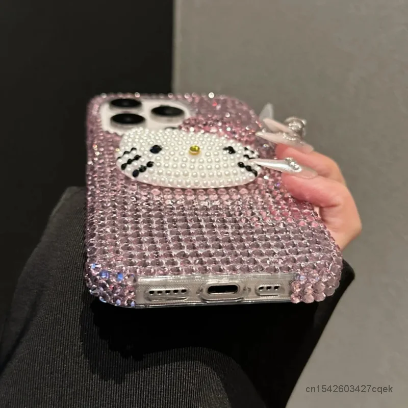 Sanrio Hello Kitty Full Pink Rhinestone Luxury Phone Cover For Iphone 12 13 14 15 Pro Max Korean Fashion Protecive Case Apple 11