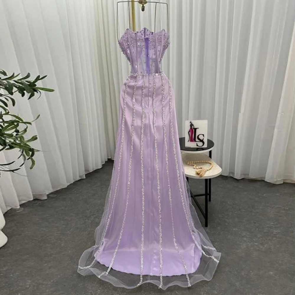 맞춤형 퍼플 크리스탈 이브닝 드레스, 스플릿 스팽글 코르셋 드레스, 여성용 스트랩리스 튤 특별 행사 가운