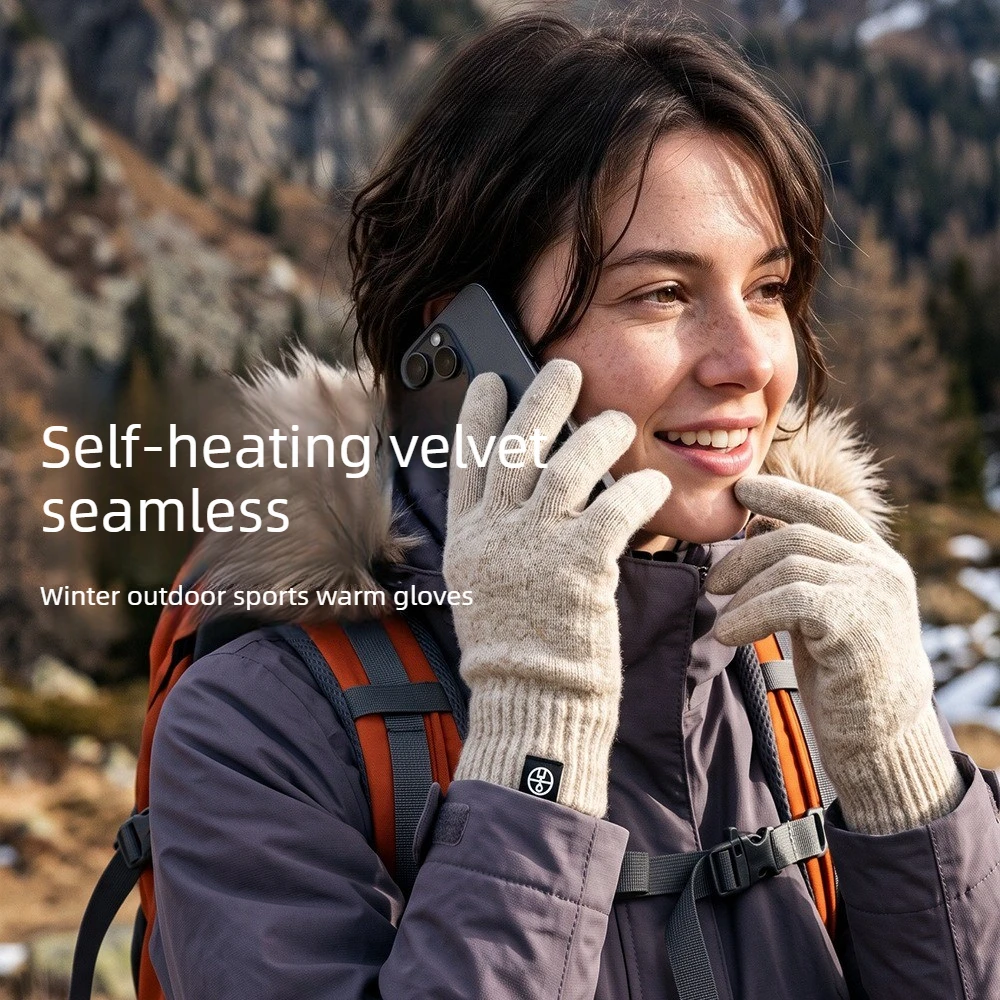 Autumn Winter Knit Warm Gloves, Touchscreen Windproof Cycling Gloves, Self‑Heating Plush Fleece Cold‑Proof Outdoor Gloves